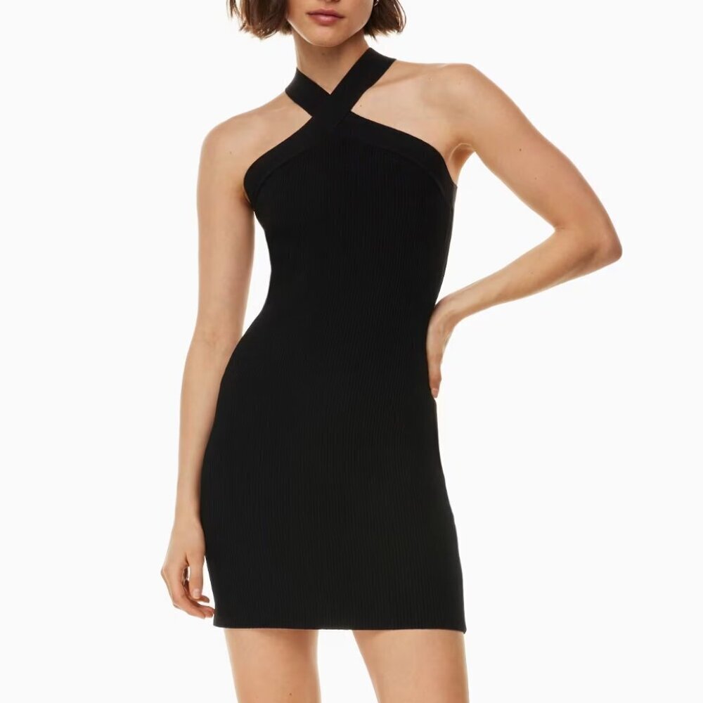 Aritzia Babaton Sculpt Knit Criss Cross Dress Black Bodycon Ribbed Mini